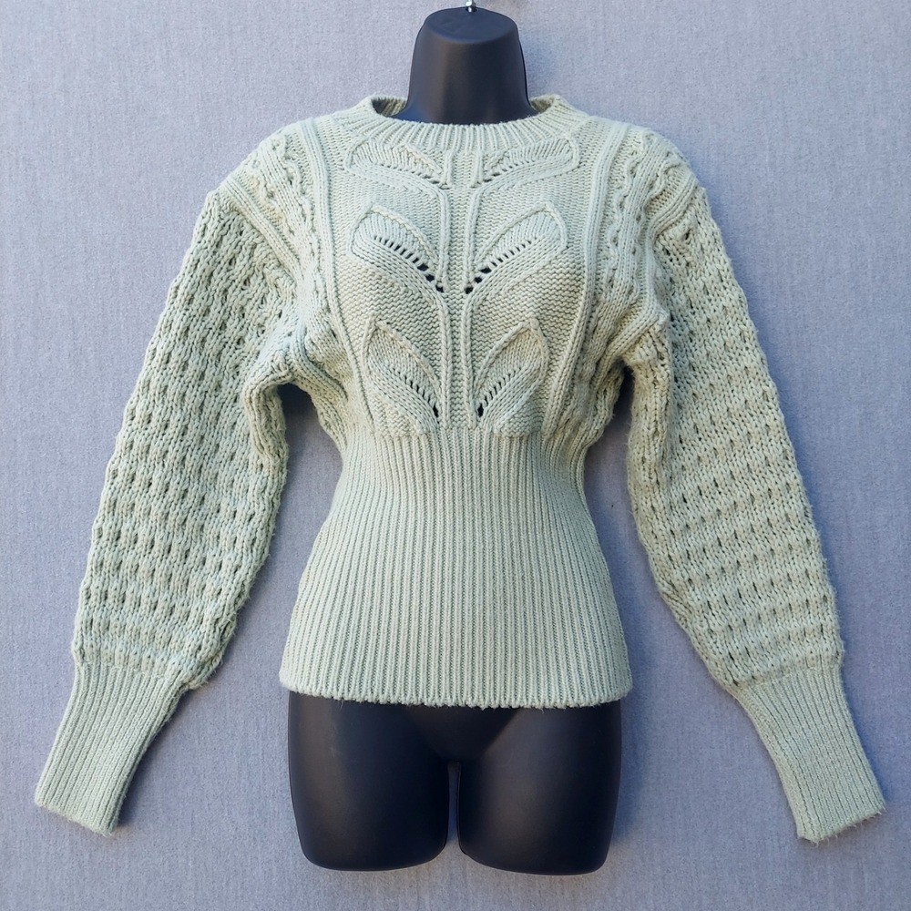 Topshop Cable Knit Mint Sweater XS Chunky‎ Cottagecore Ribbed Waist Puff Sleeve